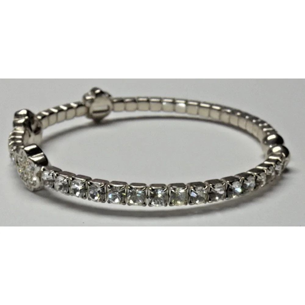 Vintage Clear Rhinestone Silver Cuff Bracelet Flower Clover